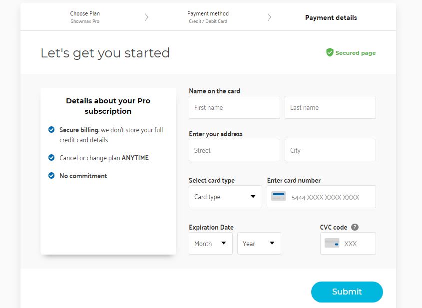 showmax payment method details form